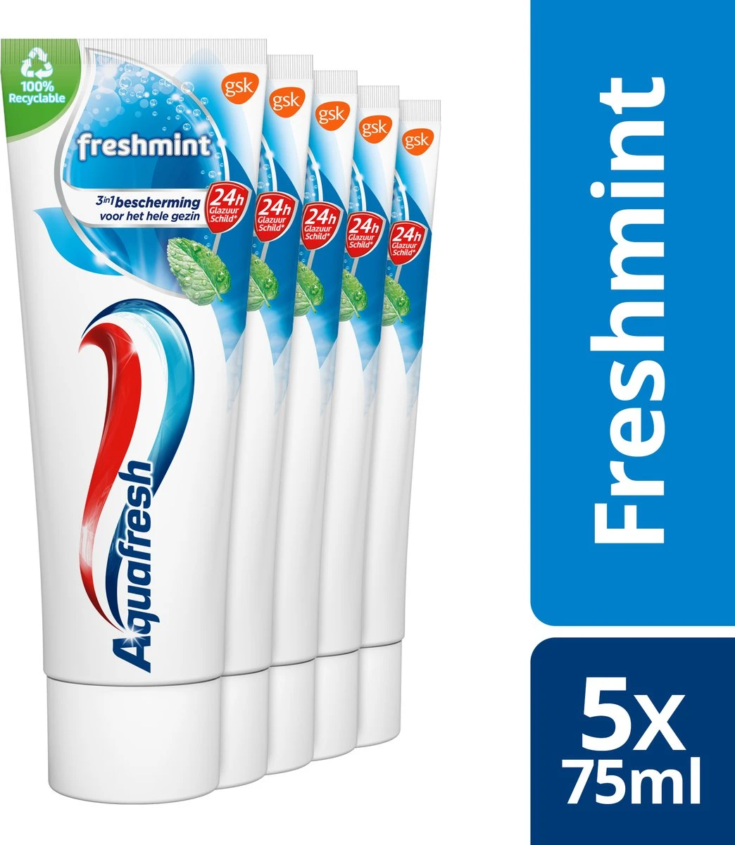 Aquafresh Freshmint - Tandpasta - Voor Een Frisse Adem - Voordeelverpakking - Recyclebare Plastic Tube En Dop -5 X 75ml 1 Aquafresh Freshmint - Tandpasta - Voor Een Frisse Adem - Voordeelverpakking - Recyclebare Plastic Tube En Dop -5 X 75ml