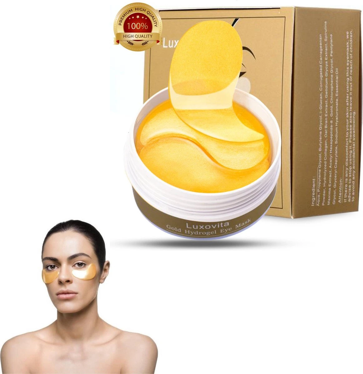 Collageen Oogmasker Luxovita - Wallen Wegwerken/Donkere Kringen/Rimpels - Hydraterend - 24k Goud Oog Masker - Eye Pads - Gel Oogmaskers - 60 Stuks 1 Collageen Oogmasker Luxovita - Wallen Wegwerken/Donkere Kringen/Rimpels - Hydraterend - 24k Goud Oog Masker - Eye Pads - Gel Oogmaskers - 60 Stuks