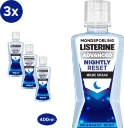 LISTERINE Nightly Reset Milde Smaak, Mondspoeling Met RAPID-FUSHION -technologie Voor Gebruik Tijdens De Nacht, Hermineraliseert Het Tandglazuur, 3 X 400 Ml