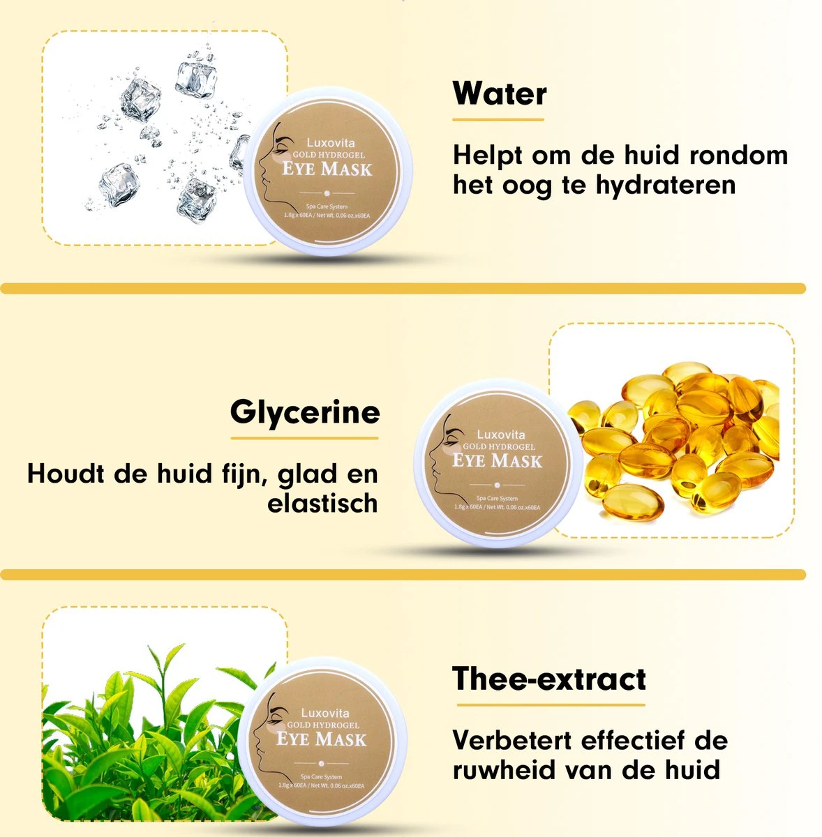 Collageen Oogmasker Luxovita - Wallen Wegwerken/Donkere Kringen/Rimpels - Hydraterend - 24k Goud Oog Masker - Eye Pads - Gel Oogmaskers - 60 Stuks 14 Collageen Oogmasker Luxovita - Wallen Wegwerken/Donkere Kringen/Rimpels - Hydraterend - 24k Goud Oog Masker - Eye Pads - Gel Oogmaskers - 60 Stuks - Afbeelding 14