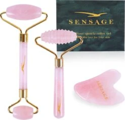 Sensage Rozenkwarts Roller Met Gua Sha Steen | Massage Jade Roller | 100% Natuurlijk Rose Quartz | Gezichtsroller | Face Roller | Roller | Gezichtsmassage | 4-delige Beauty Set