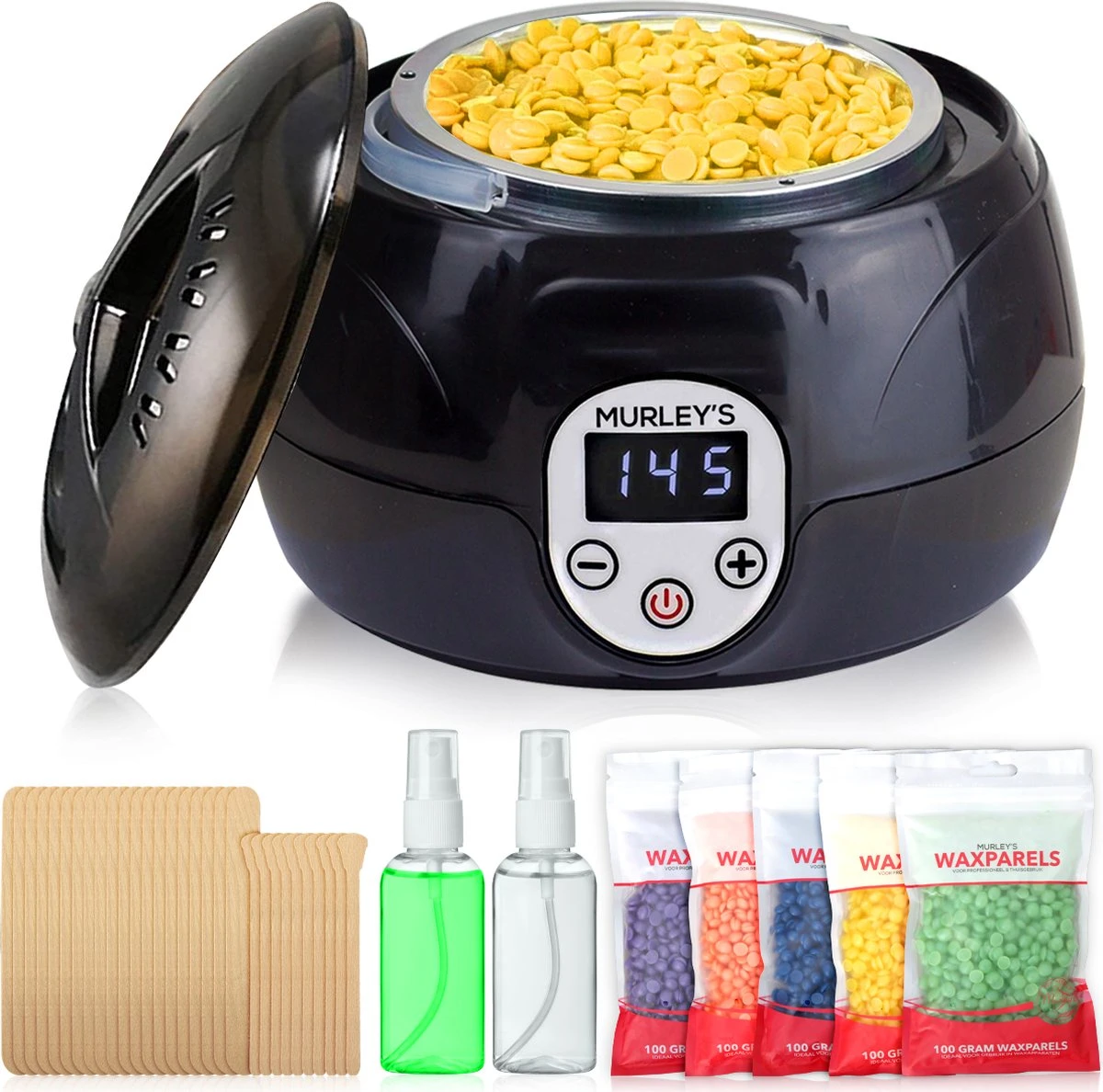 MURLEY'S Wax Apparaat Ontharing Set Incl. 500 Gram Waxbonen, Pre En Afterspray En 30 Houten Spatels Voor Lichaam En Gezicht. 1 MURLEY'S Wax Apparaat Ontharing Set Incl. 500 Gram Waxbonen, Pre En Afterspray En 30 Houten Spatels Voor Lichaam En Gezicht.