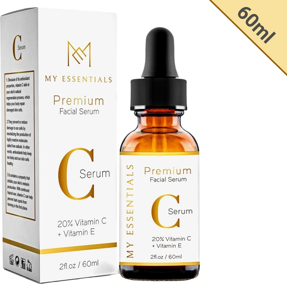 Essentials Premium Vitamin C Serum | 60 ML | 20% C Serum | Met Vitamine E | Gezichtsserum Vrouwen | Vitamine C Serum Gezicht | Vit C Serum | Anti Rimpel | Tegen Pigmentvlekken | 1 Essentials Premium Vitamin C Serum | 60 ML | 20% C Serum | Met Vitamine E | Gezichtsserum Vrouwen | Vitamine C Serum Gezicht | Vit C Serum | Anti Rimpel | Tegen Pigmentvlekken |