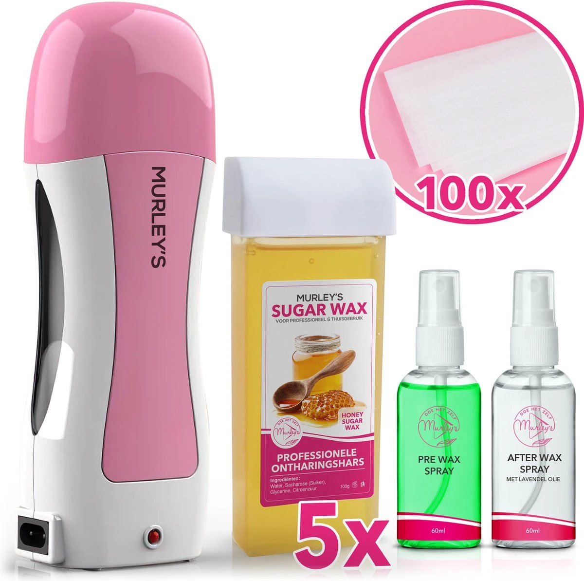 MURLEY'S Wax Apparaat Roll-On Honing Wax Ontharing Set Met 5x Cartridges + Before En After Sprays + 100 Strips- Voor Lichaam En Gezicht - Zwart 1 MURLEY'S Wax Apparaat Roll-On Honing Wax Ontharing Set Met 5x Cartridges + Before En After Sprays + 100 Strips- Voor Lichaam En Gezicht - Zwart