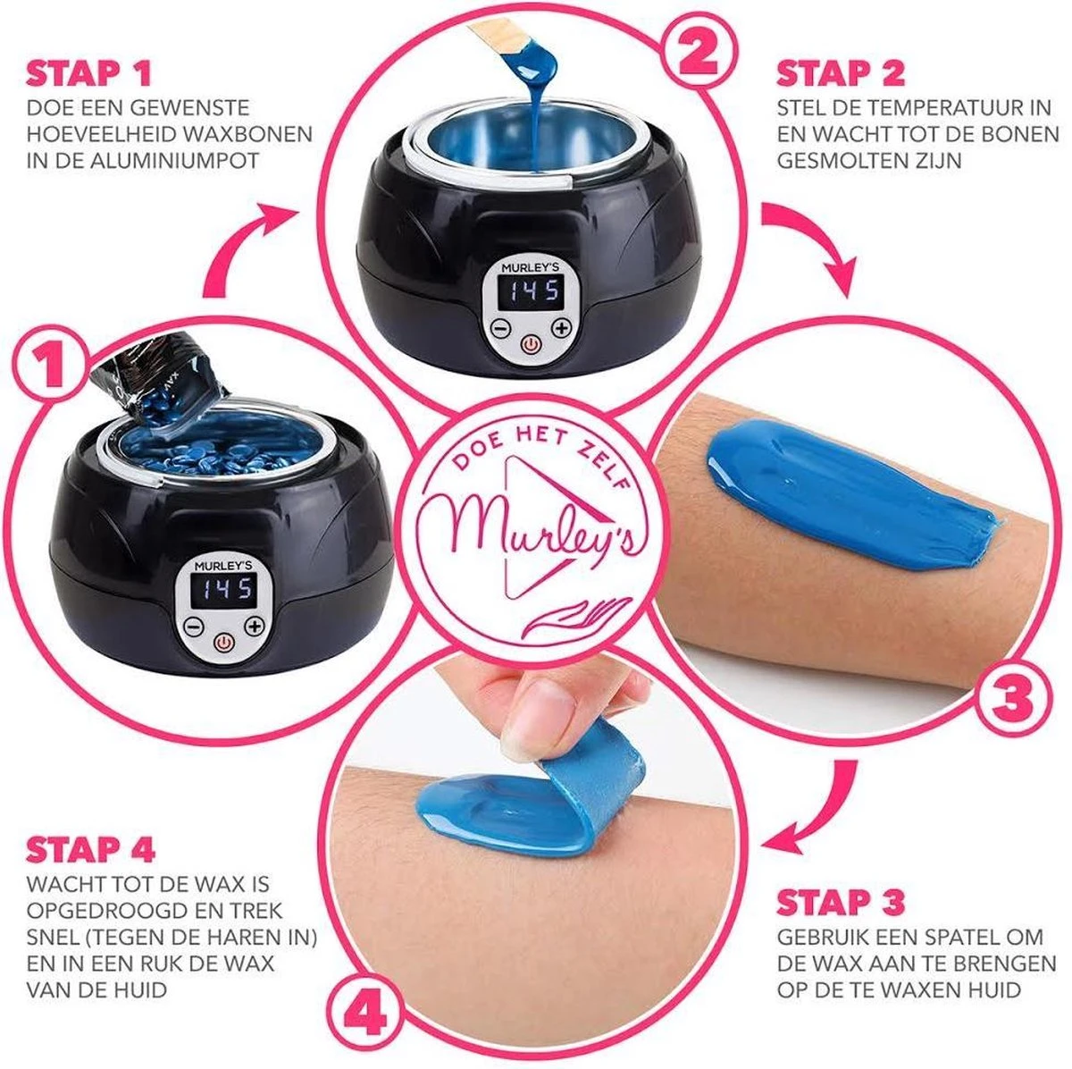 MURLEY'S Wax Apparaat Ontharing Set Incl. 500 Gram Waxbonen, Pre En Afterspray En 30 Houten Spatels Voor Lichaam En Gezicht. 4 MURLEY'S Wax Apparaat Ontharing Set Incl. 500 Gram Waxbonen, Pre En Afterspray En 30 Houten Spatels Voor Lichaam En Gezicht. - Afbeelding 4