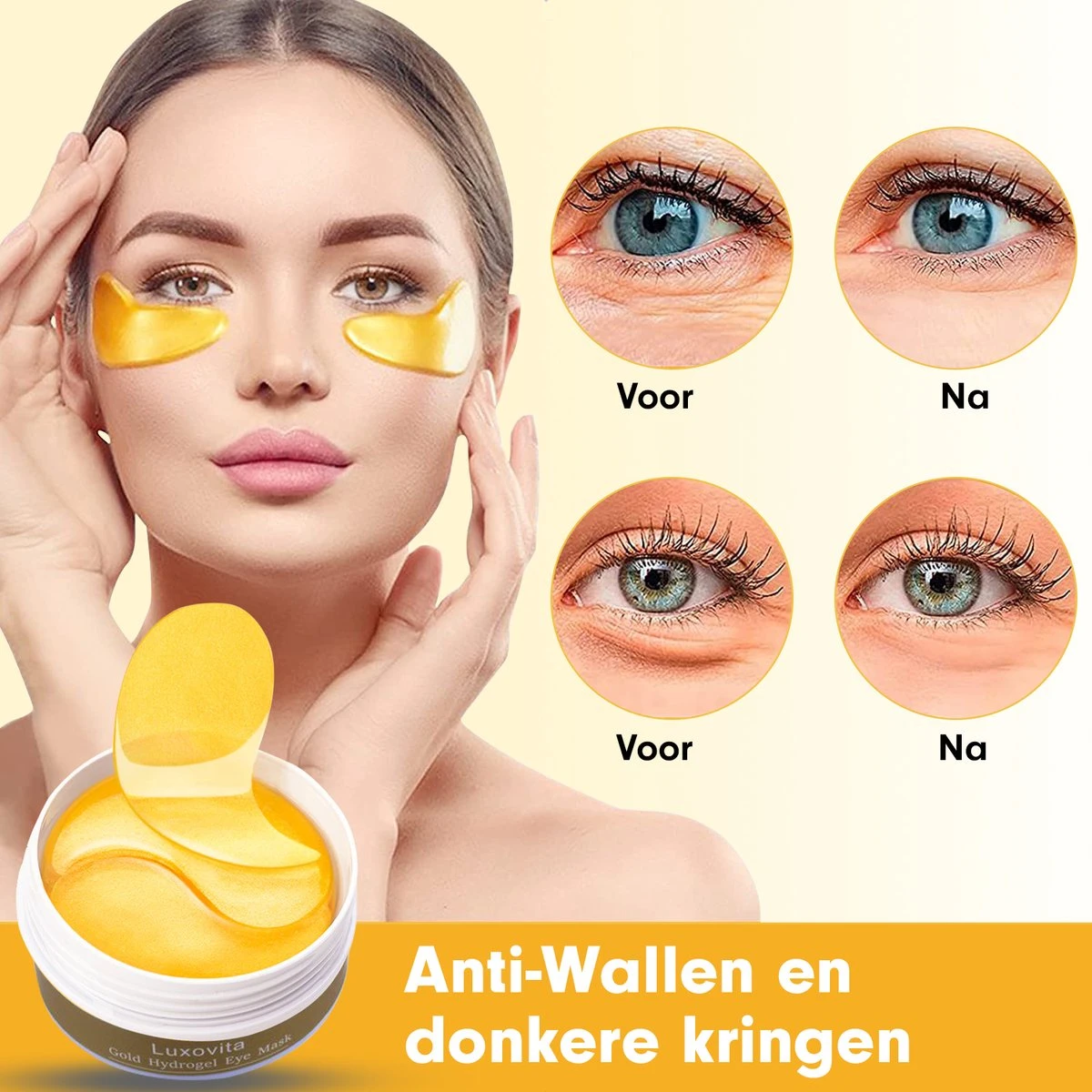 Collageen Oogmasker Luxovita - Wallen Wegwerken/Donkere Kringen/Rimpels - Hydraterend - 24k Goud Oog Masker - Eye Pads - Gel Oogmaskers - 60 Stuks 5 Collageen Oogmasker Luxovita - Wallen Wegwerken/Donkere Kringen/Rimpels - Hydraterend - 24k Goud Oog Masker - Eye Pads - Gel Oogmaskers - 60 Stuks - Afbeelding 5