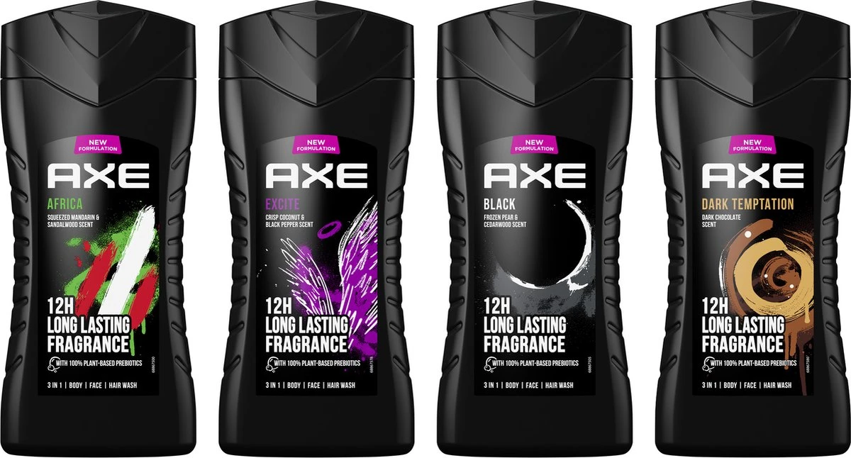 Axe Africa + Black + Dark Temptation + Excite 3-in-1 Douchegels - 4 X 250 Ml - Voordeelverpakking 2 Axe Africa + Black + Dark Temptation + Excite 3-in-1 Douchegels - 4 X 250 Ml - Voordeelverpakking - Afbeelding 2
