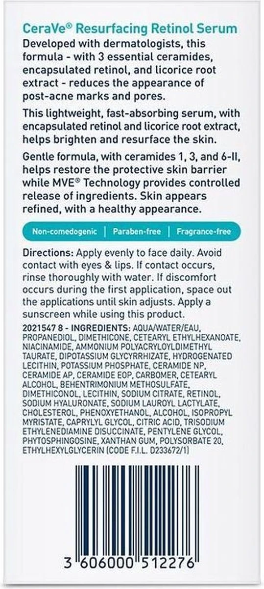 CeraVe Resurfacing Retinol Serum Tegen Restlittekentjes En Zichtbare Poriën, Voor Onzuivere Huid Met Neiging Tot Acne - 30 Ml 2 CeraVe Resurfacing Retinol Serum Tegen Restlittekentjes En Zichtbare Poriën, Voor Onzuivere Huid Met Neiging Tot Acne - 30 Ml - Afbeelding 2