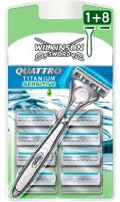 Wilkinson Sword Quattro Titanium Sensitive Scheerapparaat + 9 Scheermessen -Verzorgingsproducten 712x1200